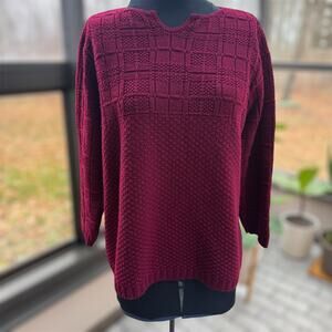 VTG Women Knit Sweater S Textured Cherry Burgundy Boxy Blouse Bobbie Brooks Fall